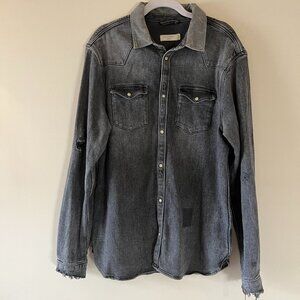 All Saint's Men's Distressed Grey Denim Button Down Shirt Size M